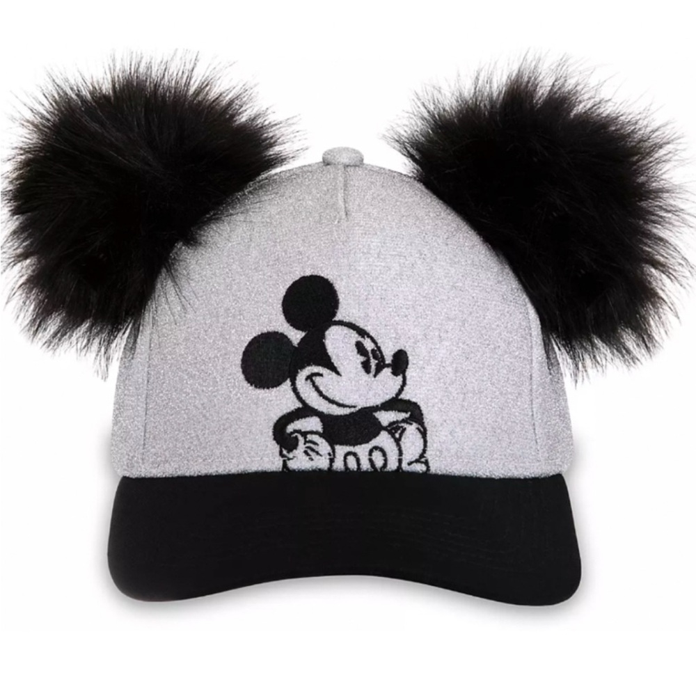 NWT Disney Mickey Mouse baseball cap silver sparkles fluffy Pom Pom ears